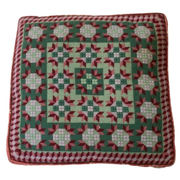 Vintage NEEDLEPOINT Quilt Pattern PILLOW~Handmade Fine French Country Backing - Picture 1 of 11